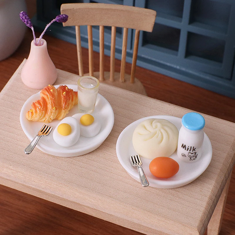 

1Set 1/12 Dollhouse Simulation Breakfast Model Buns Egg Bread Milk Model Dollhouse Miniature Kitchen Decoration
