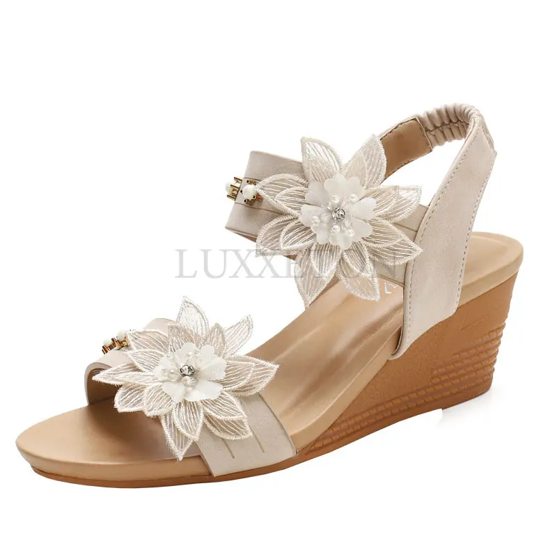 Wedges Gladiator Floral Sandals For Women Heeled Embroidery Vintage Casual Beach Shoes Summer Comfy Open Toe Rome Style Size 42