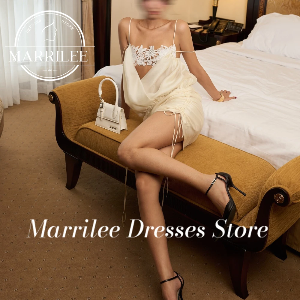 

Marrilee Customized Sexy Spaghetti Straps V Neck Solid Color Sheath Lace Above Knee Length Short and Elegant Party Gowns