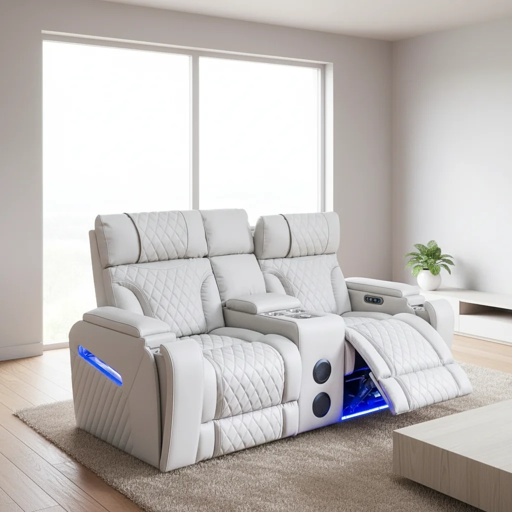 

Современный кожаный диван-реклайнер для кинотеатра, подходящий для роскошной меблировки семейной гостиной.