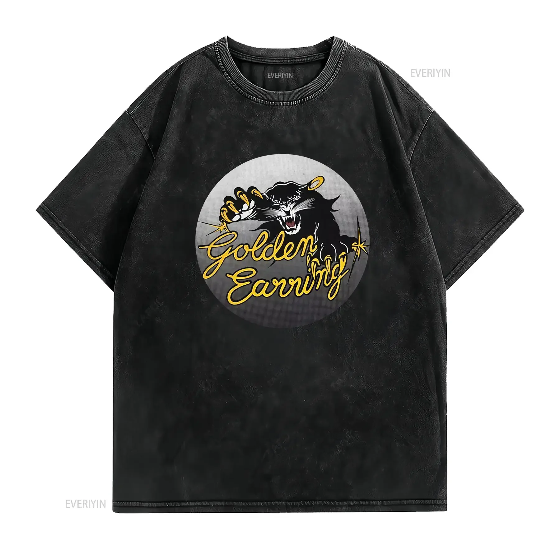 Camiseta negra vintage con dije de aretes dorados Tallas concierto desde S hasta 3XL cuello redondo tejido ligeramente vintage