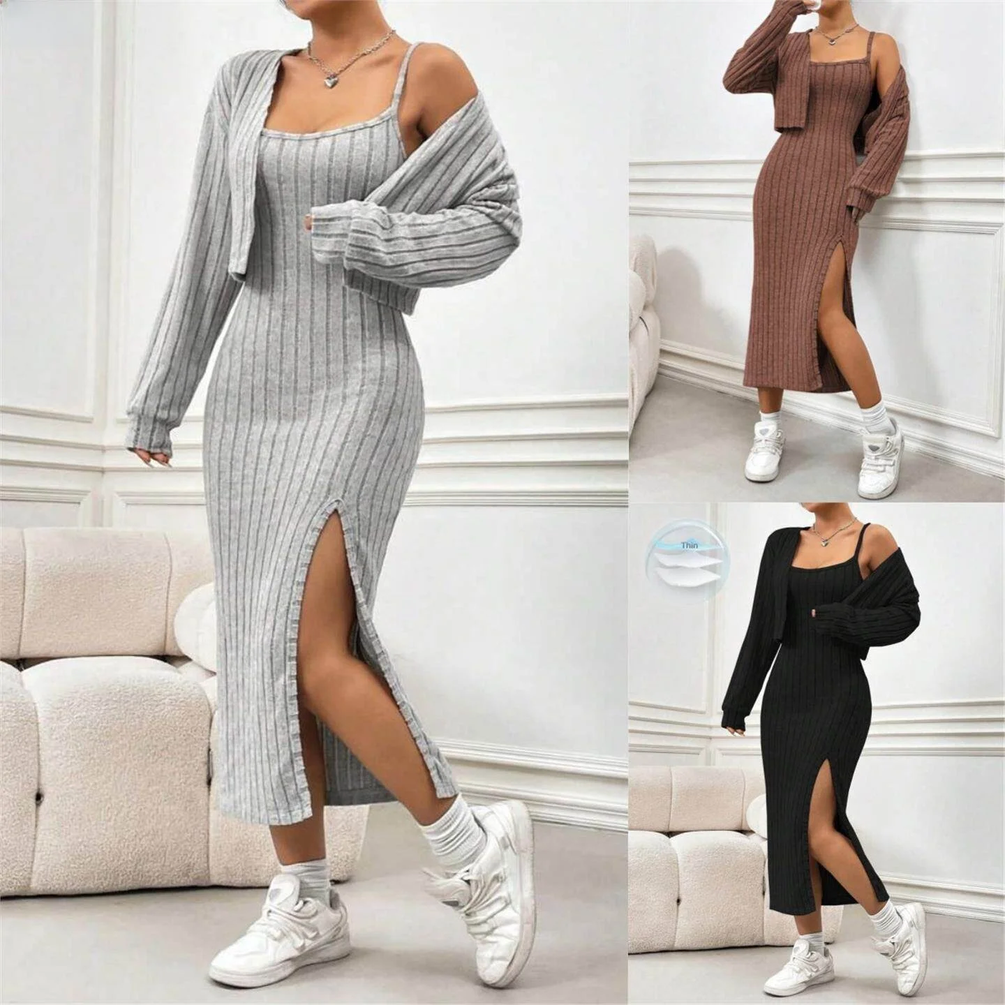 

Autumn Winter Knitted Two-Piece Set Long Sleeve Split Strap Dress Ensemble for Trendy Women Casual Wear Comfortable Fit