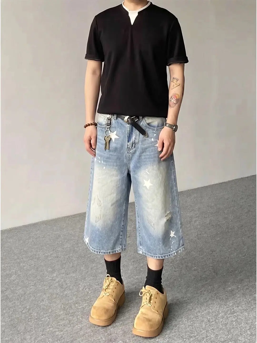 Men's Star Print Wide Leg Denim Cropped Pants Summer Cool Boys Shorts Casual Bottom Male High Waist Calf-length Trousers