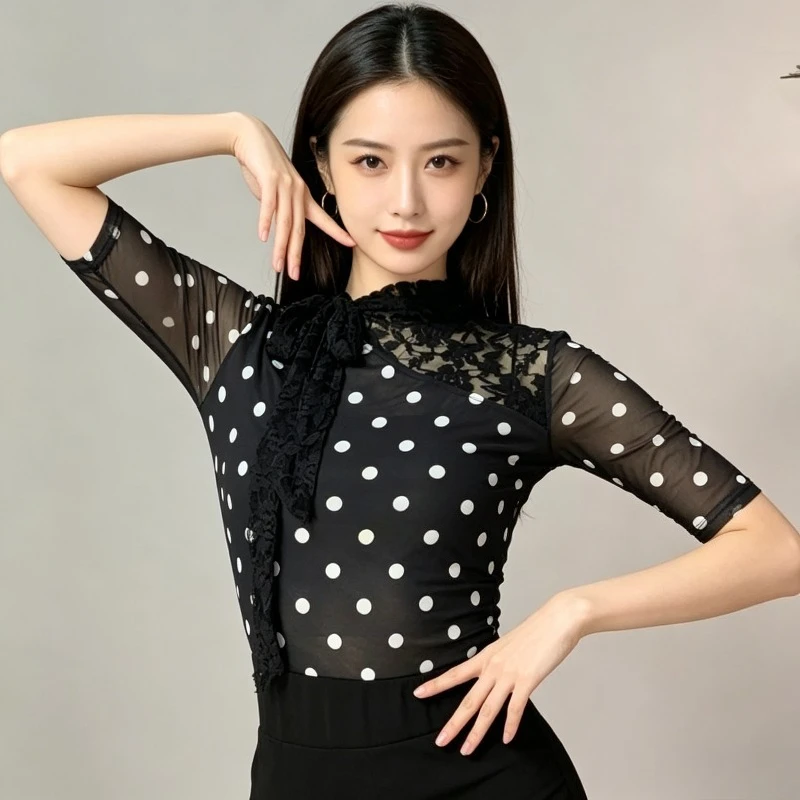 

Women Black Polka Dot Latin Dance Top Mesh Lace Neck Bow Short Sleeve Practice Blouse performance accessories Dancewear top