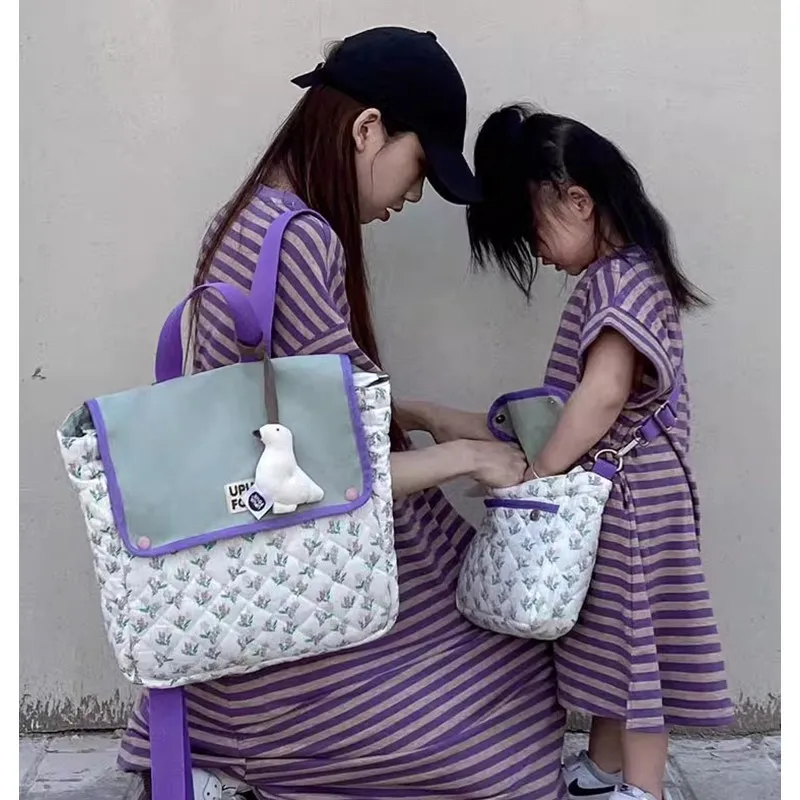 Mother and Daughter Matching Dress Cotton Purple Striped Print Mom Women and Baby Girls Dresses Mummy and Son Clothes Kids Sets