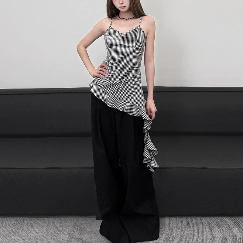 Coréen noir blanc Plaid Camisole haut femmes 2025 été volants ourlet col en V débardeurs femme dos nu Streetwear gilet femme