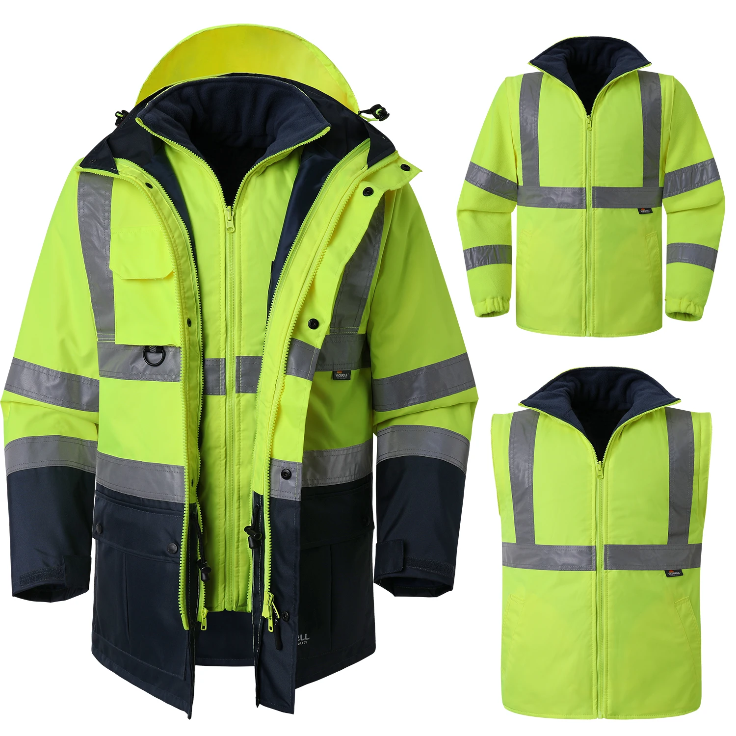 Men's Yellow Navy Winter High Visibility Safety Parka Jacket Hooded jacket, Hi-Vis Warm Coat with Pockets and Zipper