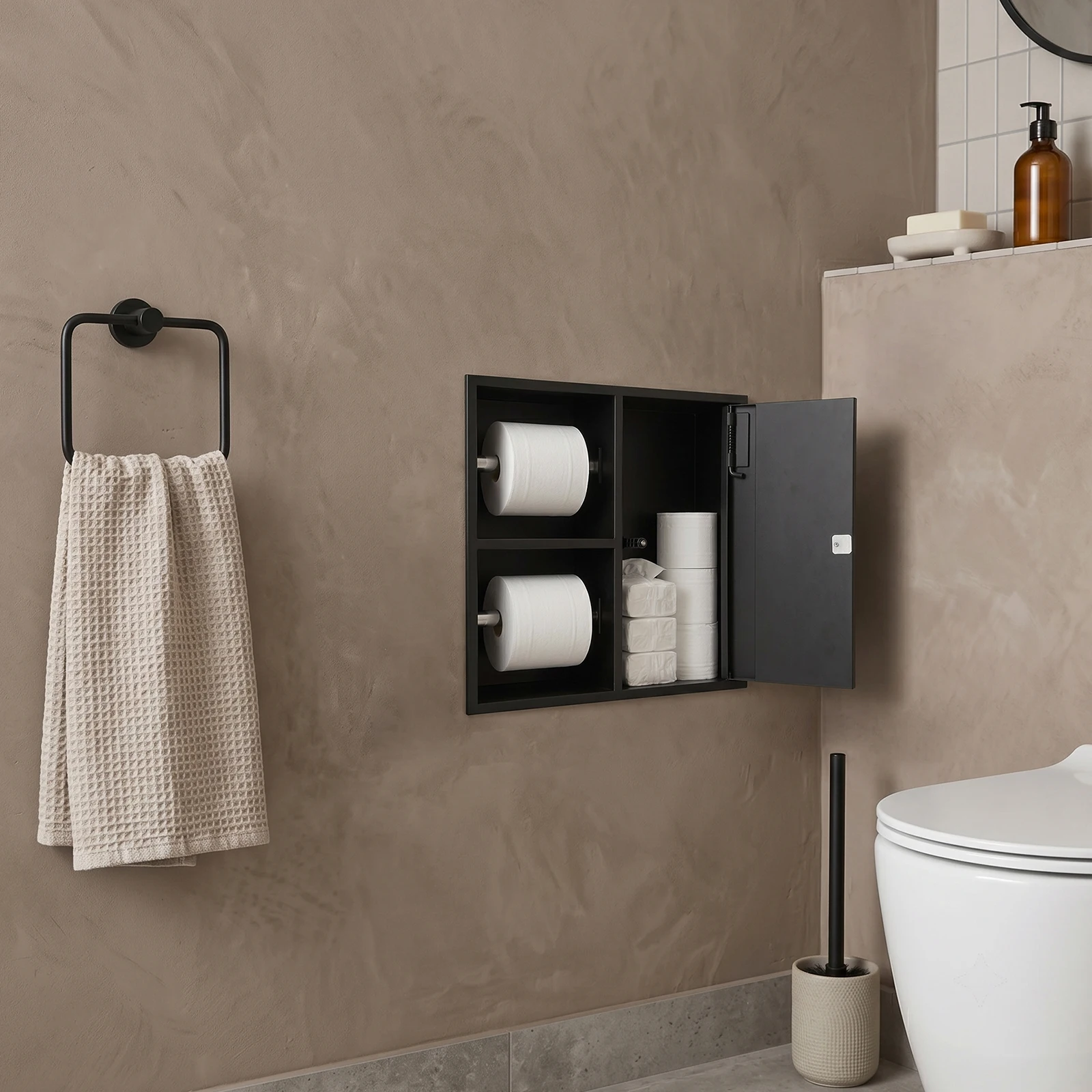 Stainless Steel Recessed Toilet Paper Niche With 2 Open Roll Spindles & 1 Press-to-Open Closed Cabinet, 110lbs Load Capacity Wall Mounted Bathroom Tissue Storage Organizer, Black/White/Titanium Gold Toilet Roll Holder