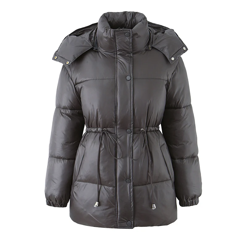 

2025 Winter New Women's Clothing, Dark Gray Mid-Length Hooded Zipper Drawstring Warm Cotton Jacket.