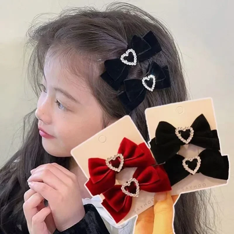 2pcs/set Elegant Princess Velvet Baby Hair Clip Sweet Belt Bow Heart Style Barrettes Cute Kids Girl BB Clip Children's Headwear