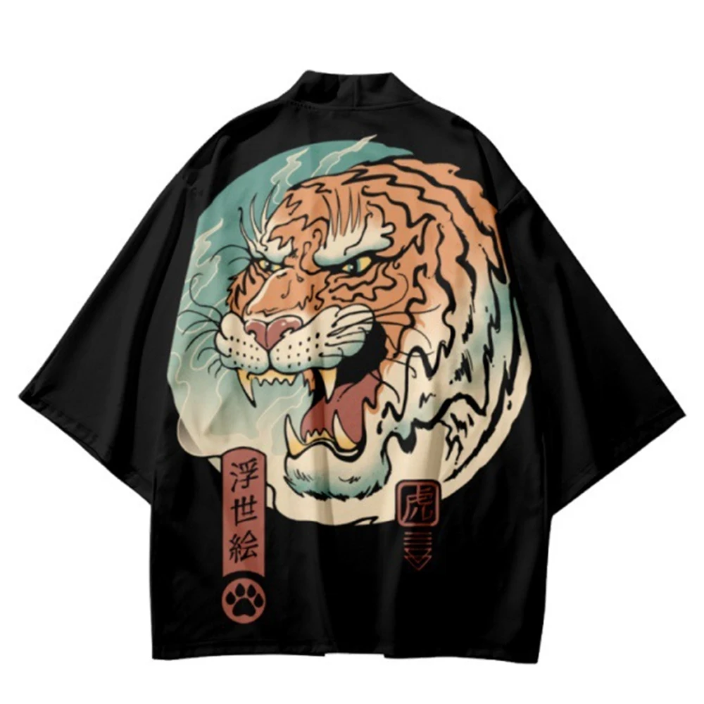

Black Kimono Cardigan Men Women Japanese Obi Male Yukata Boys Haori Anime Tiger Print Coat Japanese Traditional Clothing
