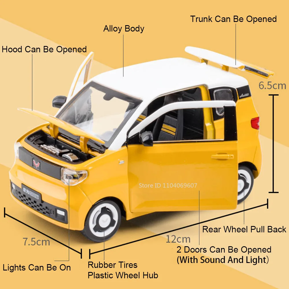 1:24 لعبة سيارة WuLing HongGuang نماذج EV صغيرة سبيكة دييكاست ضوء الصوت التراجع الباب الخلفي فتح الإطارات المطاطية حلية هدايا السيارة