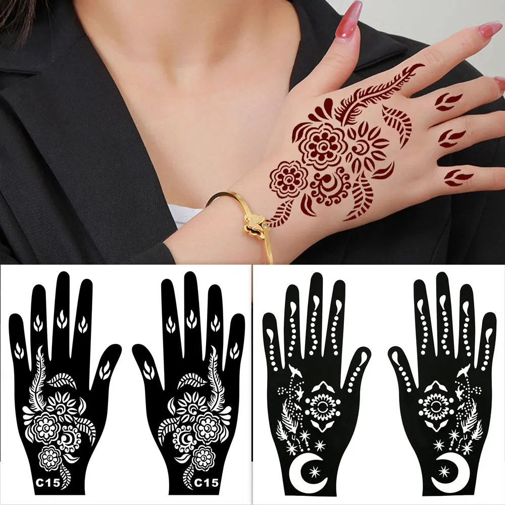 

2 шт. трафаретов для татуировок с цветочным узором для женщин, шаблоны для тату хной для праздника Рамадан, декор для рук и пальцев