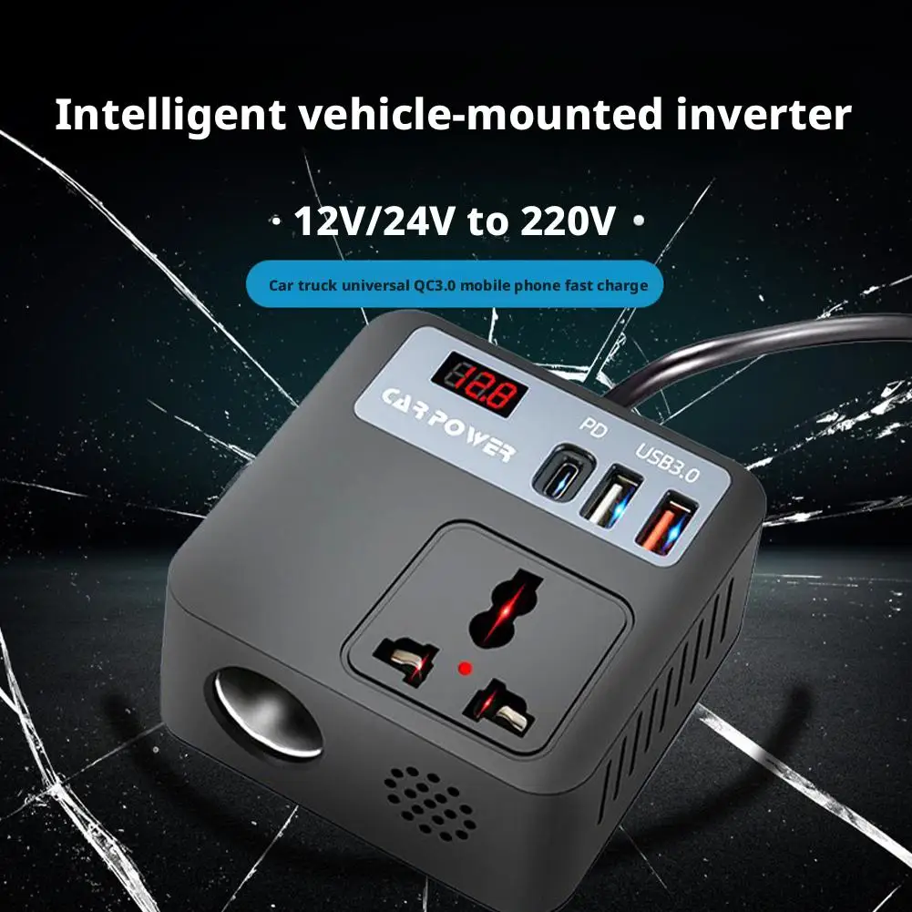 200W Portable Car Inverter DC12V/24V to DC110V/220V With  LED Display QC3.0 Fast Charging Automotive Charger for Auto Car Truck
