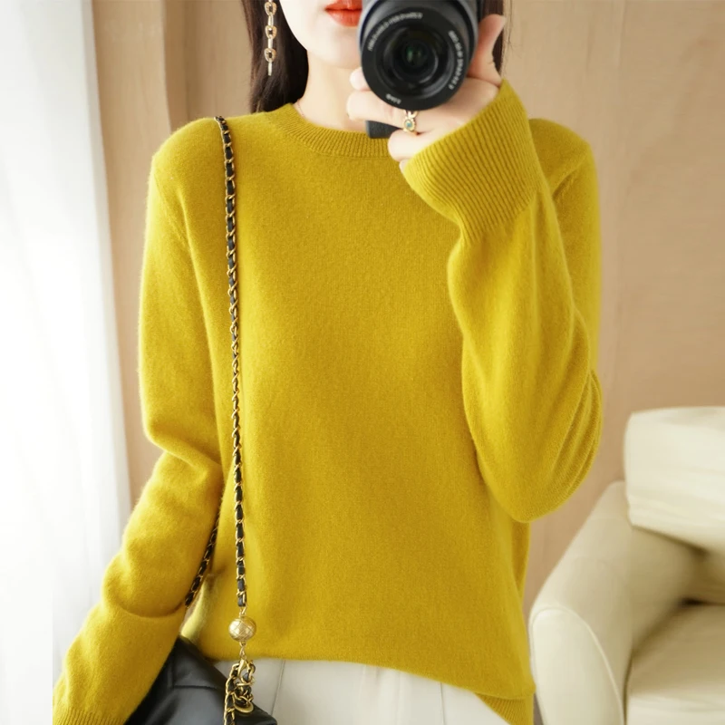 New round Ne Long Sve Women's Knitted Sweater ort Versatile Simple Sli Warm Inner Wear Casual Commute Sle Pure C...