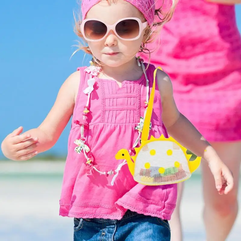 حقيبة جمع الصدف حقيبة شاطئ شبكية على شكل ديناصور لطيف مع حزام كتف قابل للتعديل أدوات قصف الأمتعة ومعدات السفر