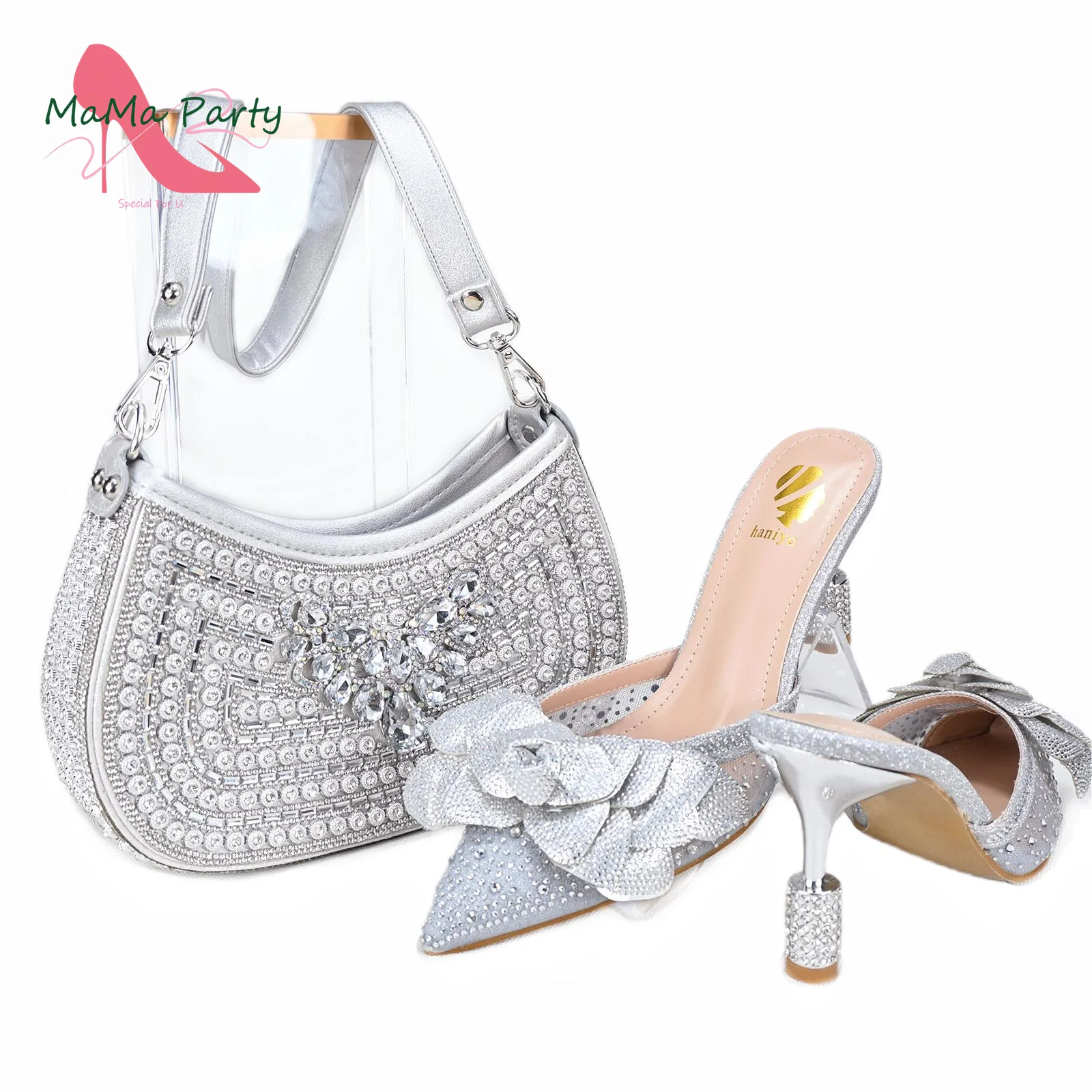 

Summer Autumn New Arrivals Italian Design Women Shoes and Bag to Match in Silver Color High Quality Slipper with Pointed Toe