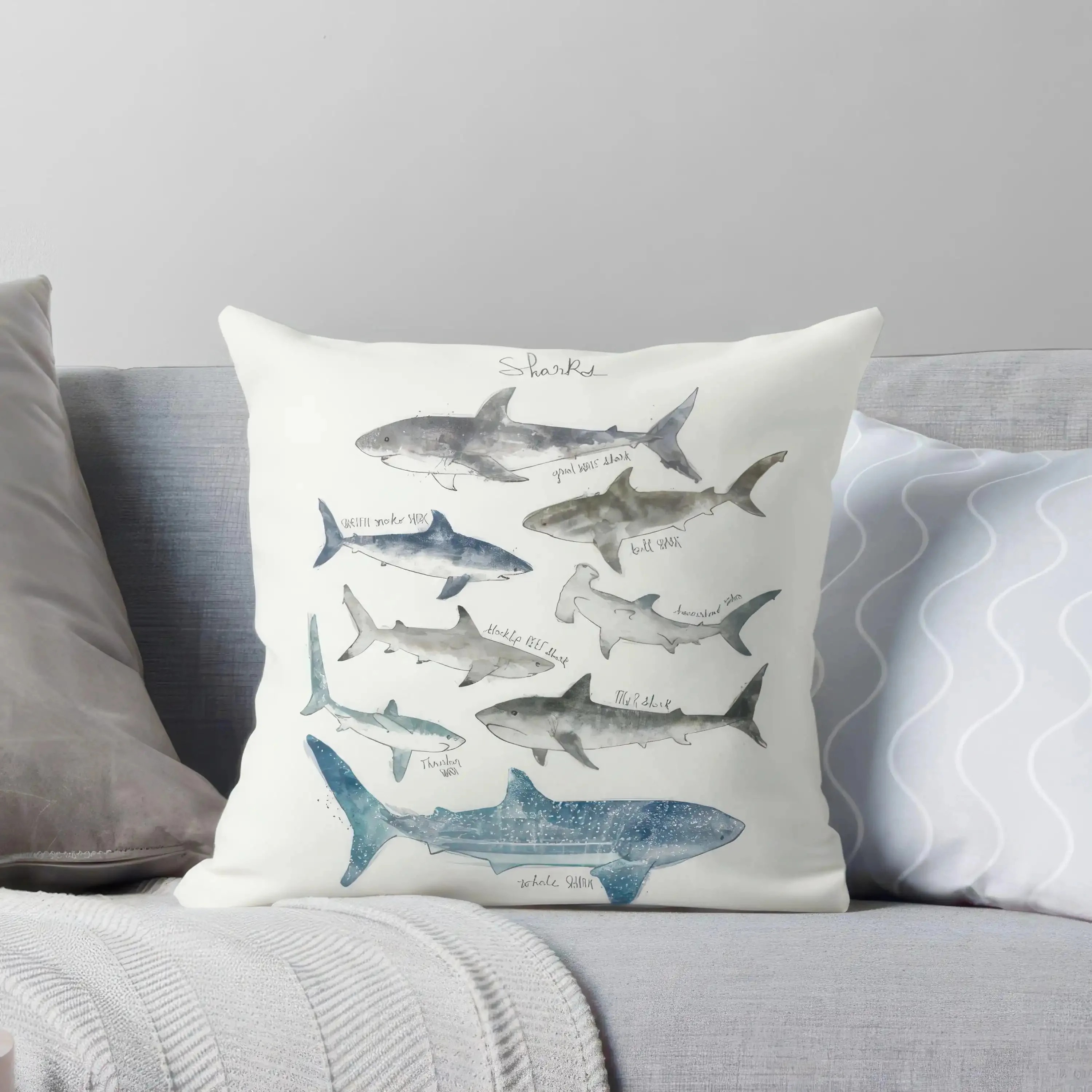 Ocean Shark Pillowcase 40x40cm Marine Life Print Throw Cushion Cover Nautical Beach Decor Gifts Watercolor Art