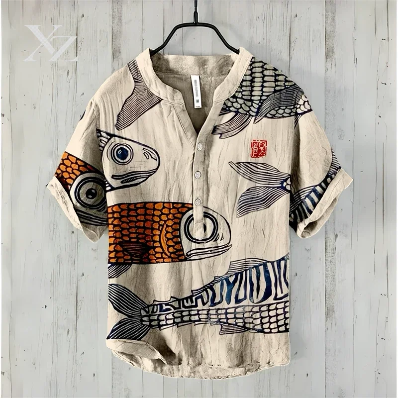 Men's and women's spring summer Hawaiian shirts, casual fish pattern printed linen tops, fashionable shirts