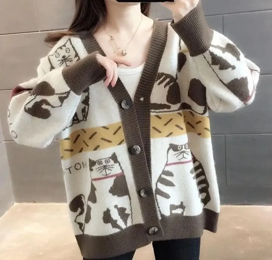 

2022 Women's Sweater Clothing Fashion Cat Animal Cardigan Woman Oversized Tops Korean Knit Sweaters Coat Pull Femme Cardigan