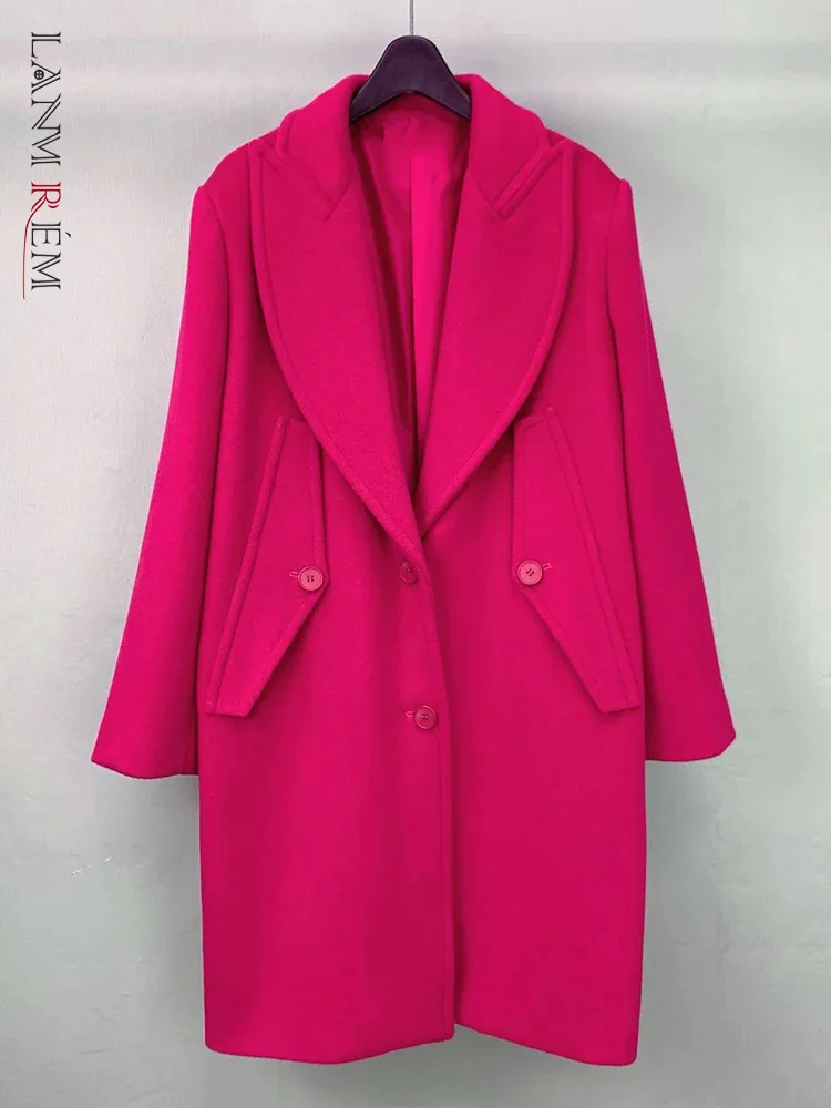 

LANMREM Double Sided Woolen Coat For Women Lapel Long Sleeves Rose Pink Color Loose Size Female Fashion Clothing Winter 2DA8153