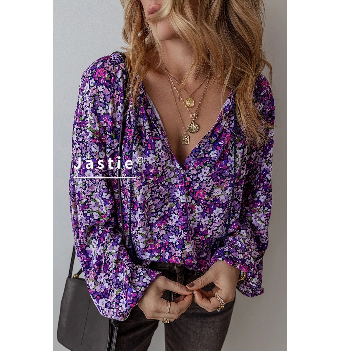 

Women's Purple Floral Print Blouse Deep V-Neck Long Puff Sleeves Ruffled Cuffs Casual Boho Beach Shirts Tops 2026 Spring/Summer