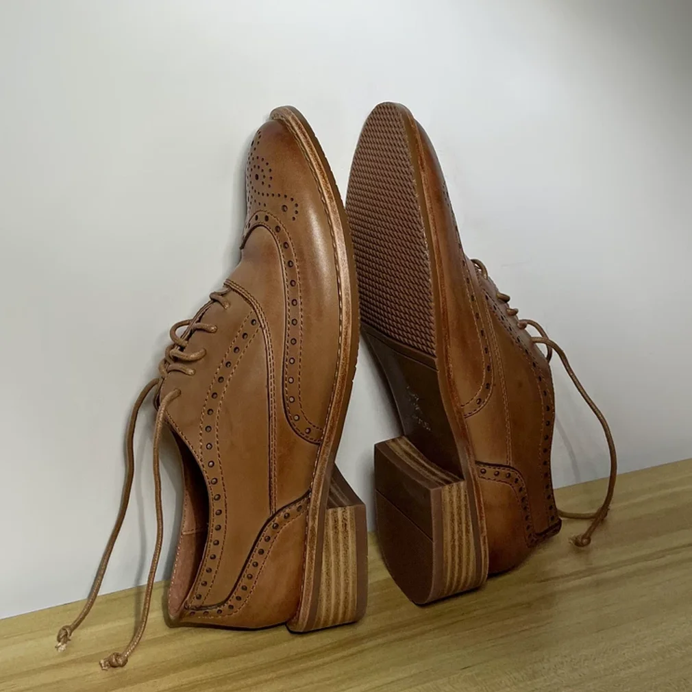 Women Oxfords Lace-Up Brogue Shoes Simple Footwear Cow Leather Woman British Style Spring Autumn Daily Oxfords Basic Shoes
