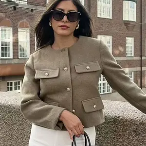 TRAFZA-نسائي أنيق جاكيت قصير كم طويل معطف رقبة نسائي كاجوال بلايز جيب فليب موضة 2024 أفضل 12 معاطف نسائية مبيعة - No8