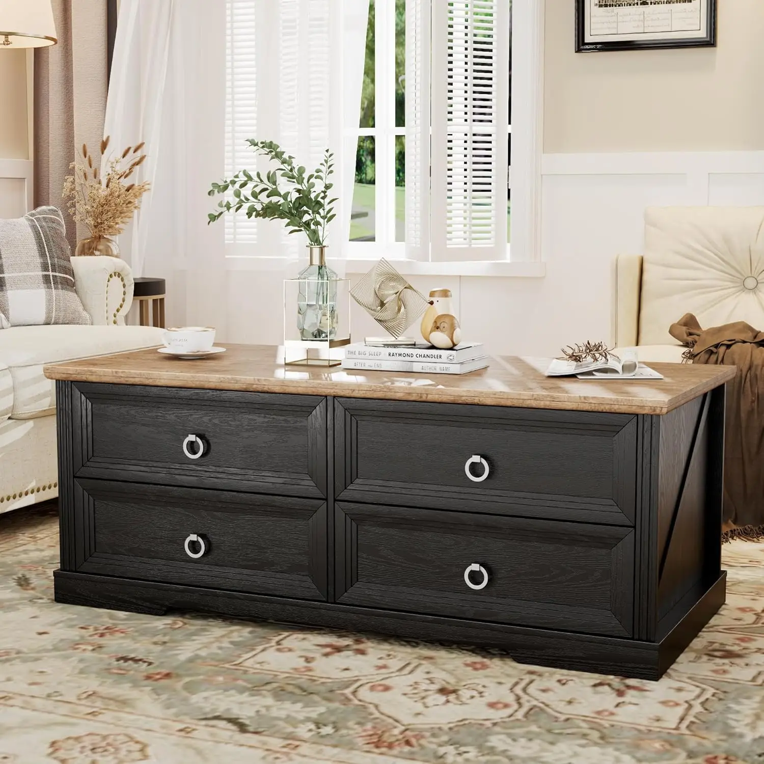 

47' Rustic Coffee Table with Drawers, Dark Oak Black Wooden Storage Table for Living Room, Reading Room, Apartment