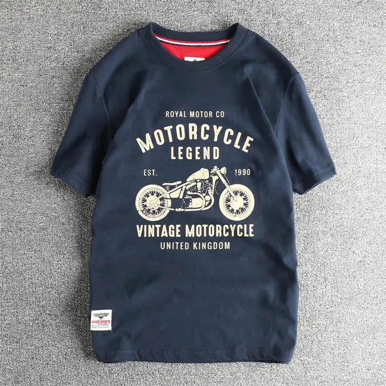

Summer American Retro Short Sleeve O-neck Letter Motorcycle Printed T-shirt Men's Fashion 100% Cotton Washed Casual Tops Tees