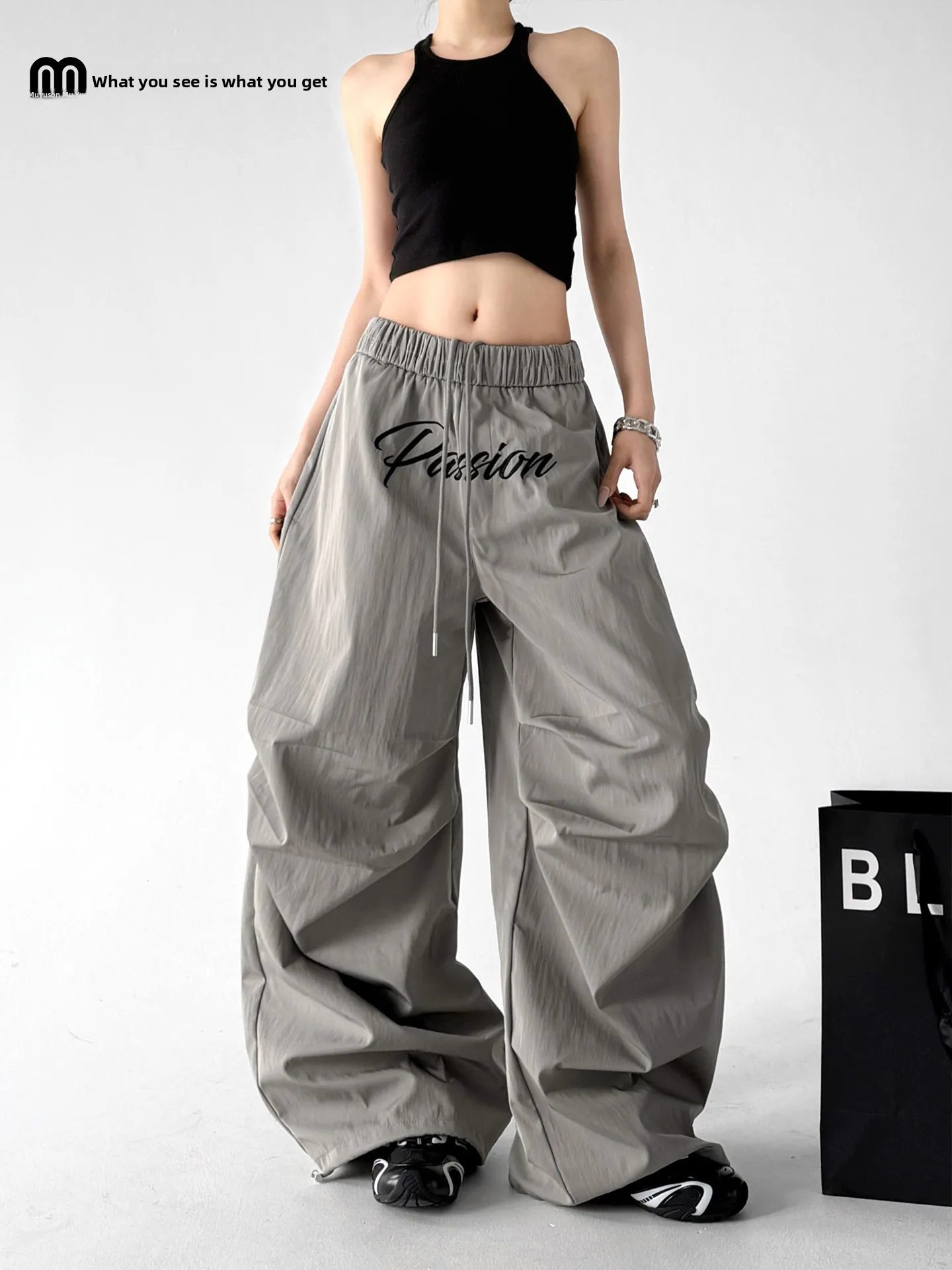 

American Style Loose Casual Pants Women's Summer New Grey Wide Leg Pants Relaxed Fit Workwear Trousers High Waist Nylon