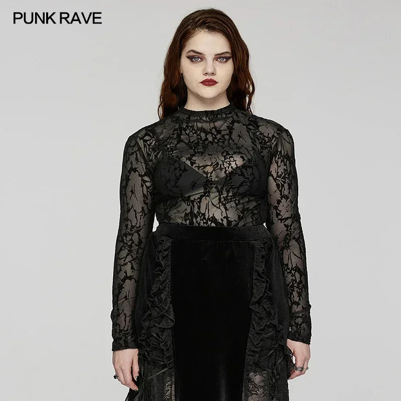 

PUNK RAVE Women's Gothic Perspective Printed Flocked Mesh T-shirt Handsome Slim Fitting Sexy Long Sleeve Tops Spring/Autumn