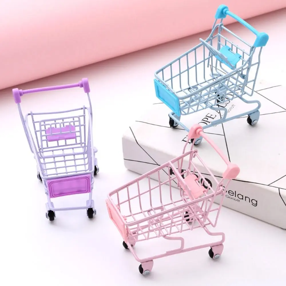 Multi Functional Metal Mini Storage Basket Model Grocery Cart Toy Trolley Container Ornaments Decor Shopping Cart Storage Office