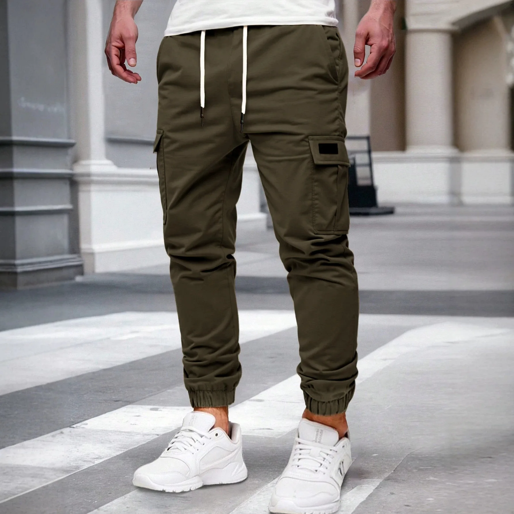 Man Cargo Pants Solid Jogger Trousers Drawstring Loose Fit Street Style Casual Gym Workout Sport Pants Male Outdoor Bottoms