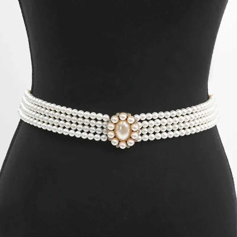 

Lady Simple Fashion Pearl Waist Chain Women Elastic Oval Buckle Belt 1 Piece