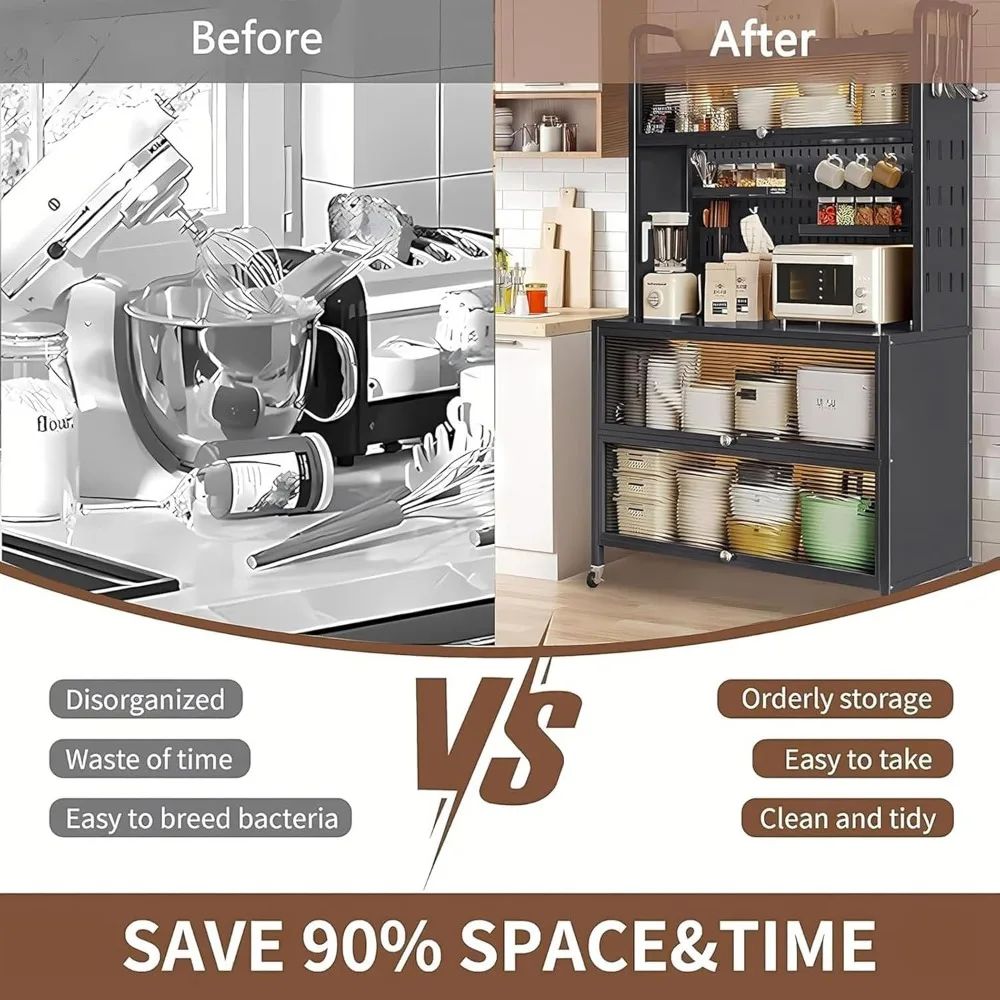 Полка для пекарей на колесах, 5-уровневый кофе-бар с колесами, подставка для микроволновой печи с местом для хранения, кухонные полки для кухонной кладовой, хранилище