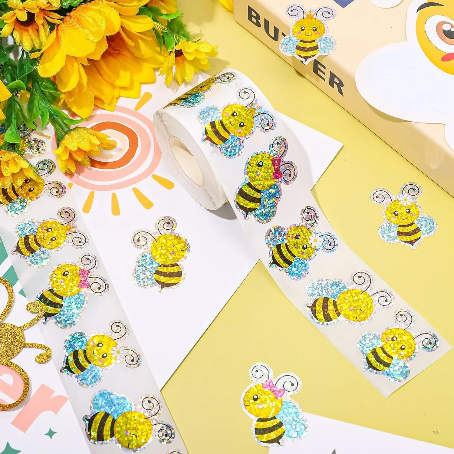 500 Pcs Bee Stickers Roll Laser Bumble Bee Seal Stickers Cartoon Animal Waterproof Self-Adhesive Reward Decals for Jars Bottle - view 3