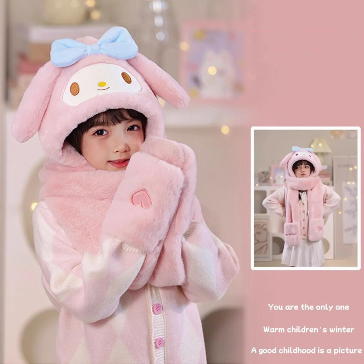 سانريو كارتون أنيمي كورومي الأطفال قبعة وشاح الكل في واحد الشتاء سدادات حماية الأذن المخملية سميكة الدافئة مقنعين وشاح #3
