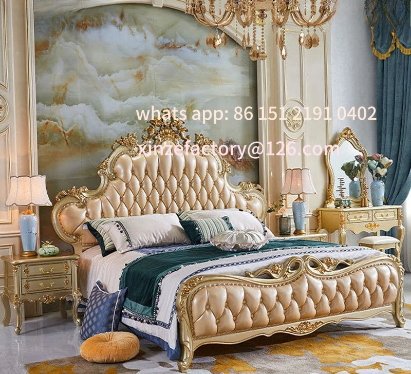 Customizable European Leather Solid Wood Double Master Bedroom Double Bed High-end Luxury Villa Carved Furniture Wedding Bed