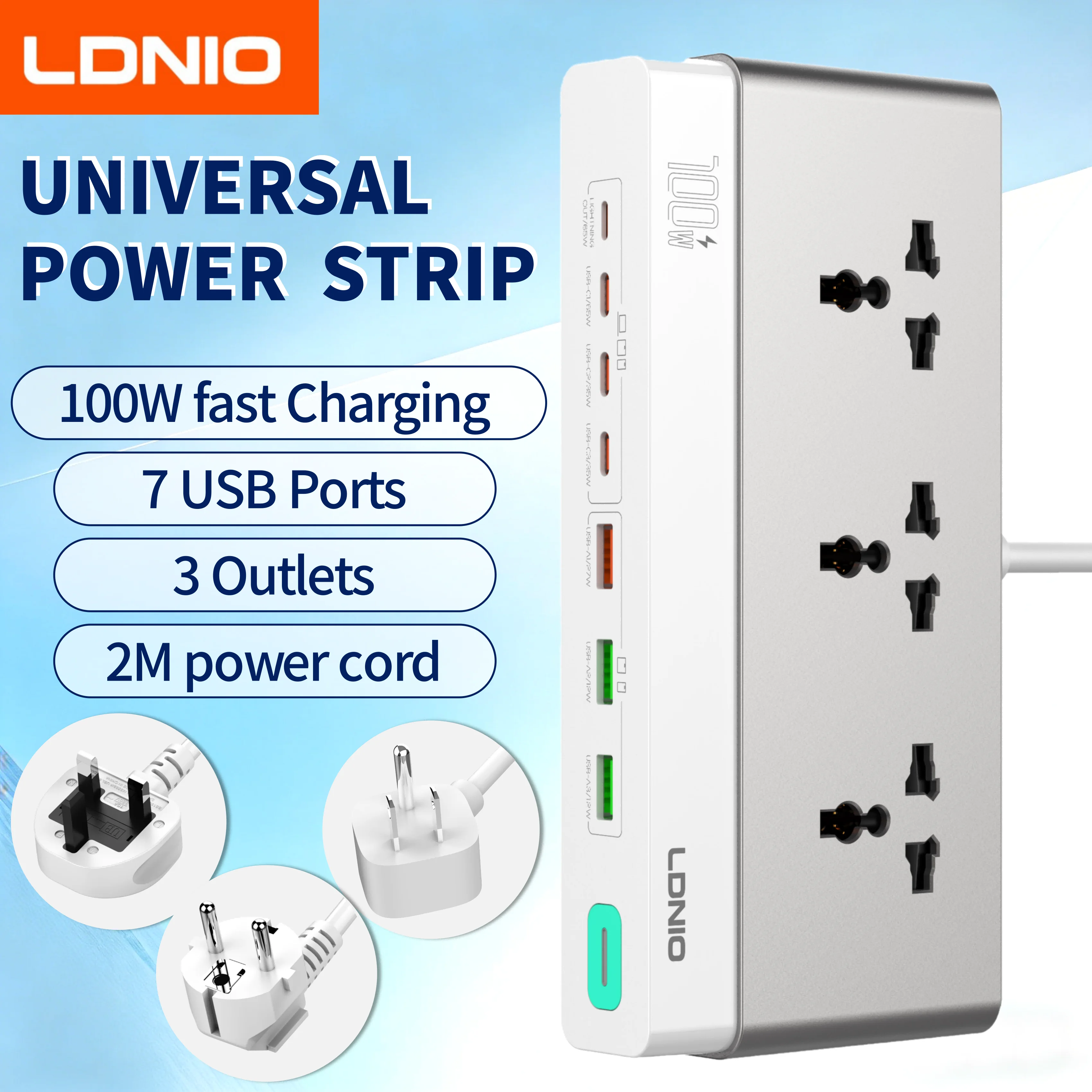 LDNIO 100W Desktop Power Strip Socket Universal AC Outlet Fast Charge PD USB A 65W USB C Fast Charging Station 2500W US UK EU KR