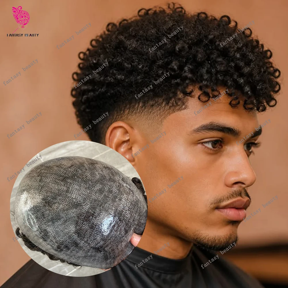 15mm Afro Curly Grey Brown Jet Black Human Hair Toupee Durable Poly Skin PU Replacement Prosthetic Undetectable Natural Hairline