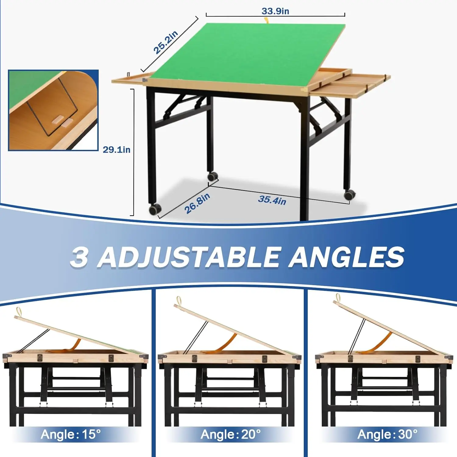 Mesa de quebra-cabeça ajustável de 3 ângulos de 1500 peças com gavetas, pernas e capa de metal dobráveis portáteis, sobre rodas para adultos