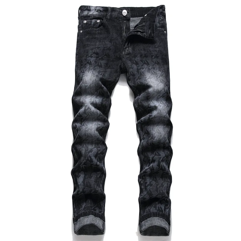 

2023 Spring New Punk Men's Jeans Fashion Checked Cotton Trousers Mid-Waisted Casual Pencil Pants Solid Jean Hombre Denim Pants