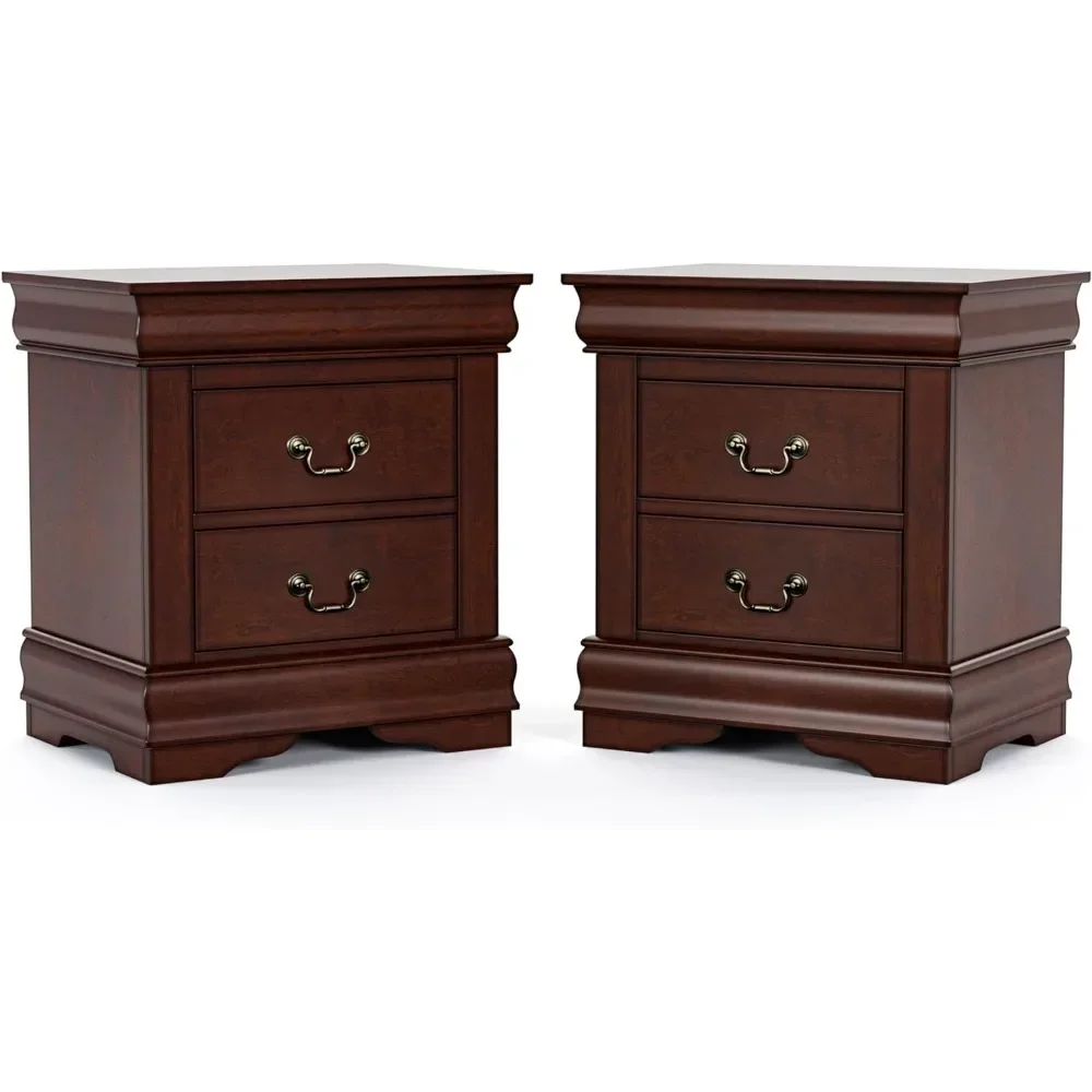 Nightstands Set of 2 with Drawers and Antique Nickle Handles for Guest Room, Dorm, Traditional Solid Wood Nightstand