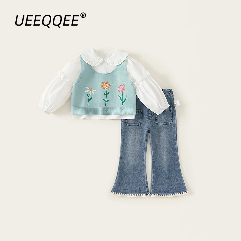 Spring Autumn Children Clothing Sets 1-10Y Girls Floral Vest+Blouse+Jeans 3 Pieces Set Korean Toddler Wear For Kids Clothing New