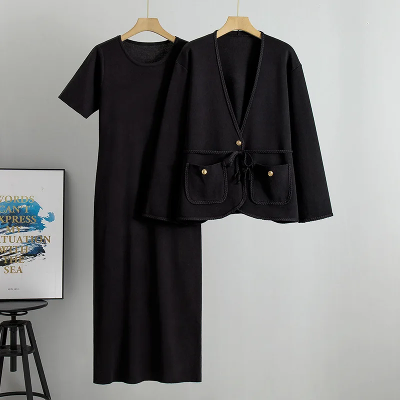 Robe 2 pièces ensembles femmes tenues décontracté ample col en V Cardigan à manches courtes robe mode coréenne robes élégantes ensembles