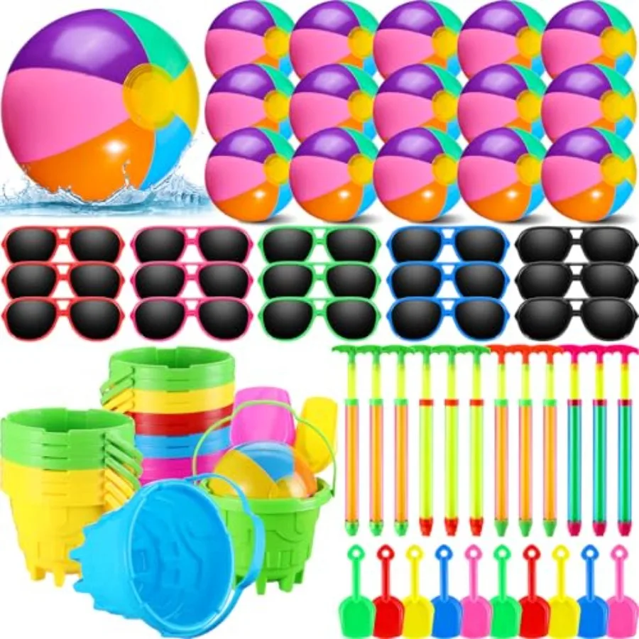 

End of Year Students Gift: 75 Pcs Beach Pool Party Favors SetPlastic Sand Buckets Shovels, Neon Plastic Sunglasses, Inflatable