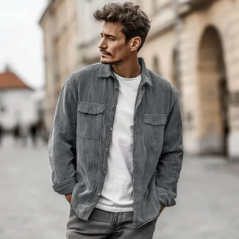 Camicia a maniche lunghe da uomo, moda di alta moda, casual e ampia, cardigan abbottonato taglie forti, camicia sportiva a righe da uomo