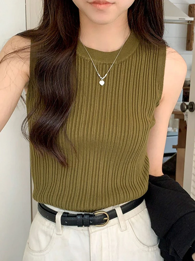 Korea Knitted Vests Women Top O-neck Solid Tank Blusas Y2K 2024 Summer New Fashion Female Sleeveless Casual Thin Tops