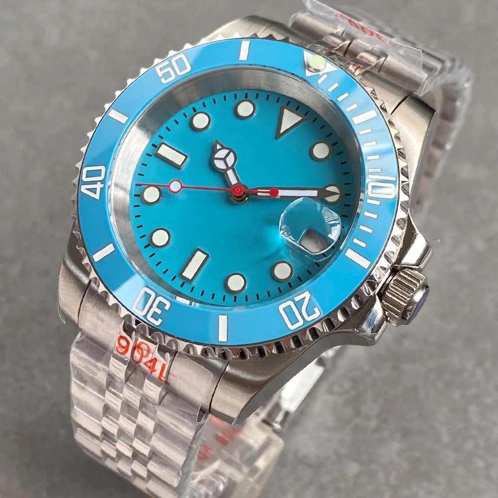 Tandorio Diver SUB Automatic Watch for Men NH35 Mechanical Movement Ice Blue 20BAR Waterproof Sapphire 316L Jubilee Strap 40mm